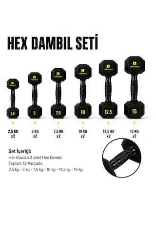 Rebuwo Hex Dambıl Seti 2,5 15 Kg 12 Parça Profesyonel Ağırlık Seti