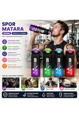 Çift Renkli Tutmalı Plastik Pipetli Spor Matara Suluk 1000ml Herhangi Bir Renk Gönderilir 5691 .