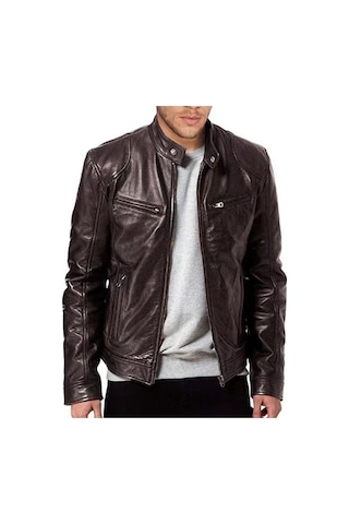 İlkbahar Ve Sonbahar İçin Yeni Erkek Dik Yaka Deri Ceket Kahverengi