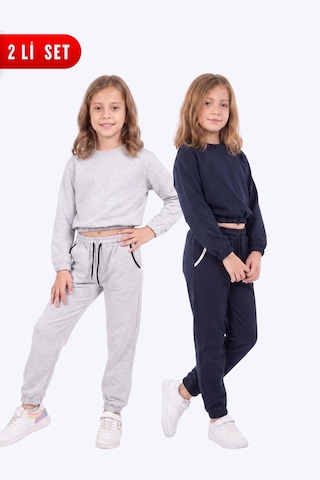 Panios Kids 2'li Yuvarlak Yakalı Beli Lastikli Crop Kesim 4 Parça Kız Çocuk Alt Üst Eşofman Takımı Gri - Lacivert