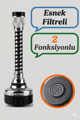 Esnek 2 Fonksiyonlu Metal Musluk Başlığı Filtreli Su Tasarruf Aparatı Tüm Musluklara Uyumlu 15 Cm