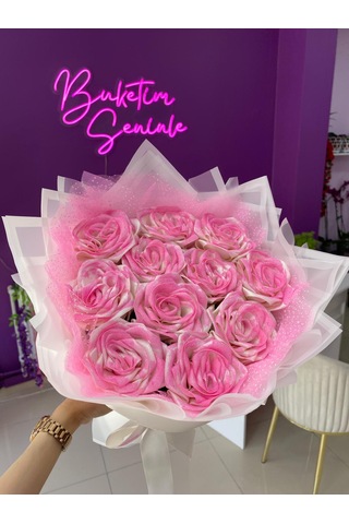 11'li Pembe Simli Solmayan Saten Gül Buketi, Sevgiliye Hediye Açık Pembe