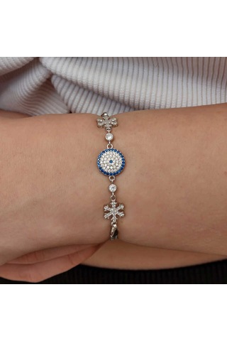 Gümüş Nazarlı Kar Tanesi Kadın Bileklik Gümüş