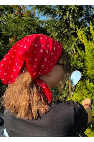 Herşey Nota Çapa Desen Fular Pamuklu Unisex Kırmızı 1722 Çok Renkli