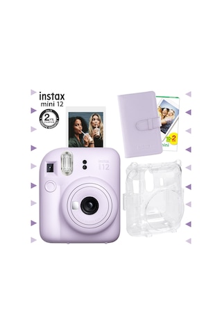 Fujifilm Instax Mini 12 Fotoğraf Makinesi + 20'li Film + Laporta Albüm + Şeffaf Kılıf Seti Lila
