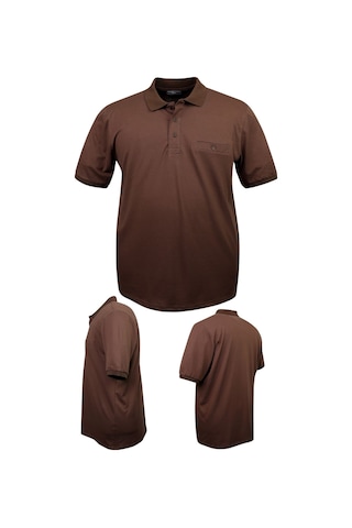 Erkek Büyük Beden 115 - 155 Kilo Arası Uygun Bedenli Likralı Pike Polo Yaka Cepli Tişört Kahverengi