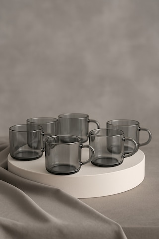 Alfafe Home 6 Lı Füme Cam Kupa Kahve Fincanı Isıya Dayanıklı, Minimal Tasarım, 120 Cc Gri