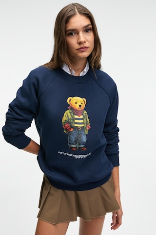 Grımelange AELORIA Kadın Önü Baskılı Reglan Kol Oversize Lacivert Sweatshirt