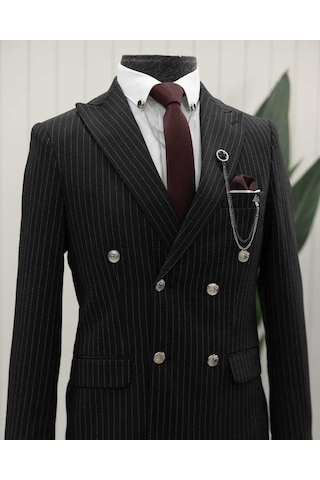 Beystil Sivri Yaka Siyah Çizgili Kruvaze Takım Elbise Lecce- Slim Fit Siyah