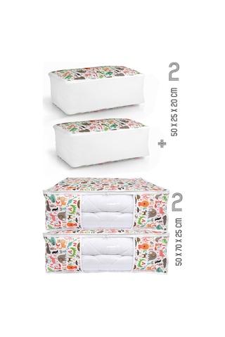 Vedsey 4'lü Set 50x70x25 - 50x25x20 Hayvan Baskılı Dolap İçi Ve Baza Altı Hurç Organizer Düzenleyici Set Çok Renkli