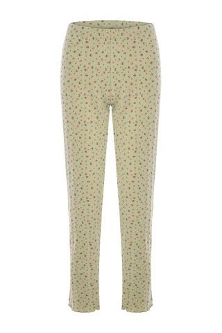 Kadın Pamuklu Çıtır Çiçek Desenli Baby Overloklu Fiyonk Detaylı Uzun Kollu Pijama Takımı Ko70142 Yeşil - Pembe