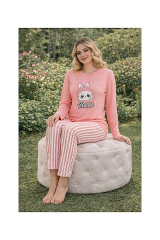 Rindahomewear Kadın Süprem Labubu Baskılı Uzun Kol Pijama Takımı Mercan