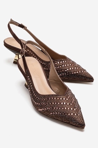 Luvishoes Royale Kahverengi Saten Taşlı Kadın Kısa Topuklu Abiye Ayakkabı