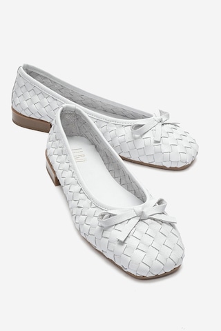 Luvi Shoes Garen Beyaz Örgü Hakiki Deri Fiyonklu Kadın Babet Ayakkabı