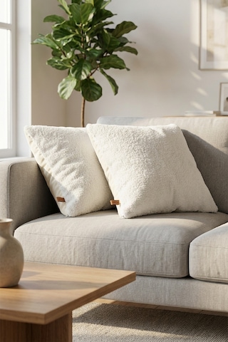 İskandinav Bohem 2'li Kırlent Kılıfı Modern Dekoratif Salon Koltuk Yastık Kılıfı 43x43 cm Teddy Puffy Beyaz