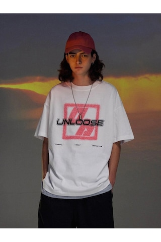 Erkek Beyaz Oversize Unloose Baskılı T-shirt Beyaz
