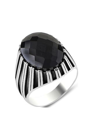 Fasetli Siyah Zirkon Taşlı Gümüş Erkek Yüzük