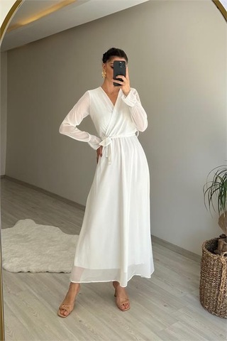 Neşeli Butik Kadın Uzun Kollu Kuşaklı Maxi Şifon Elbise Nm001 Beyaz