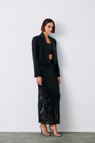 Sateen Pul Payetli Midi Etek - Siyah-135196 Siyah