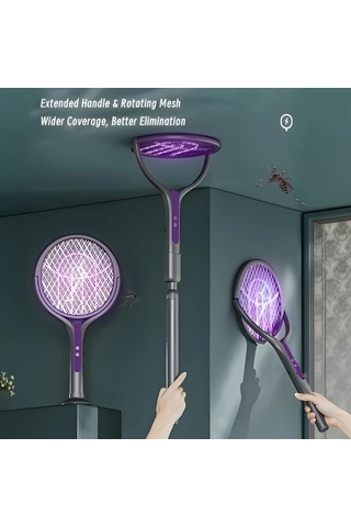 Boatshop1 2 İn 1 Elektrikli Sivrisinek Racket Yükseltilmiş Versiyon Teleskopik Çubuk 180 Derece Döner Baş Şarj Edilebilir 1200mah