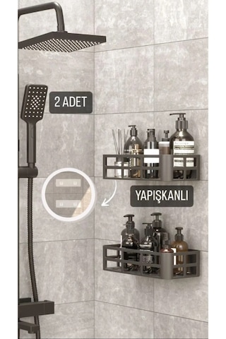 Yapışkanlı Banyo Düzenleyici 2 Adet Banyo Rafı Şampuanlık Sabunluk Siyah Duş Askısı Raf