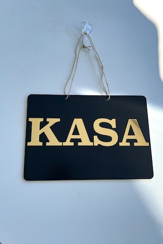 Kasa Yazılı Yönlendirme Tabelası - Siyah Mdf Üzeri Gold Aynalı Pleksi 29x20 Cm