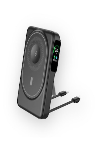 10000mah 22.5w Type-c Lightning Kablolu/kablosuz Standlı Telefon/saat Şarj Lcd Magsafe Powerbank Black