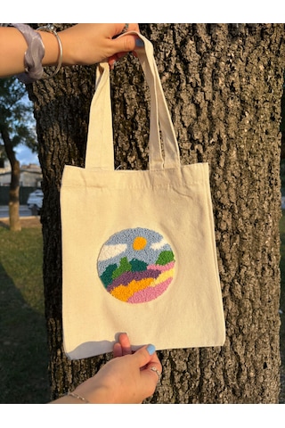 Bolergıashop Montado Tasarım Canvas Omuz Çantası Bej - Beyaz - Mavi Punch İşleme - Bolergıashop Montado Tasarım Canvas Omuz Çantası Bej - Beyaz - Mavi Punch İşleme -