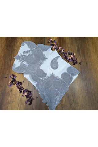 26 Parça Keten Zambak Masa Örtüsü Takımı Krem Gri Krem - Gri