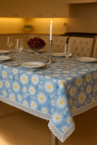 Açık Mavi Papatyalı Masa Örtüsü Su Geçirmez, Silinebilir Şık Dikdörtgen Model Mavi