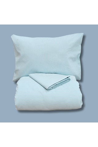 Çift Kişilik %100 Pamuk Düz İnce Çizgili Nevresim Takımı | Turkuaz Mavi & Beyaz | 4 Parça | Yumuşak Dokulu Turkuaz Mavi