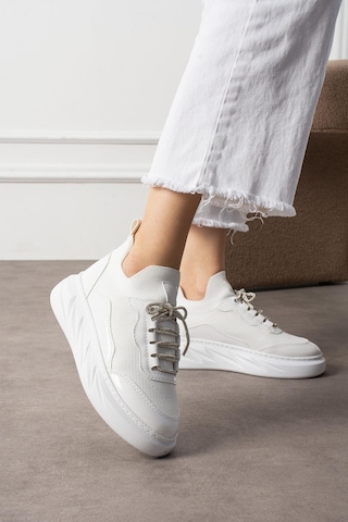 Shoetek Polivya Kadın Sneakers Taşlı Bağcıklı Triko Dokumalı Spor Ayakkabı Beyaz Deri Beyaz