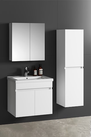 Çiğdem 55+35 Cm Beyaz Balon Mdf Seramik Lavabolu Sepetli Asma Banyo Dolabı Takımı Beyaz