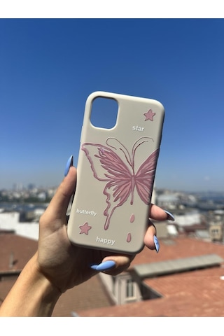 İphone 13 Pro Max Uyumlu Pembe Kelebek Tasarımlı Telefon Kılıfı - Krem