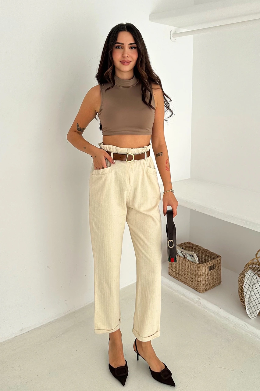 Yıkamalı Pamuk Yağmur Gabardin Yüksek Bel Pantolon Bej Bej