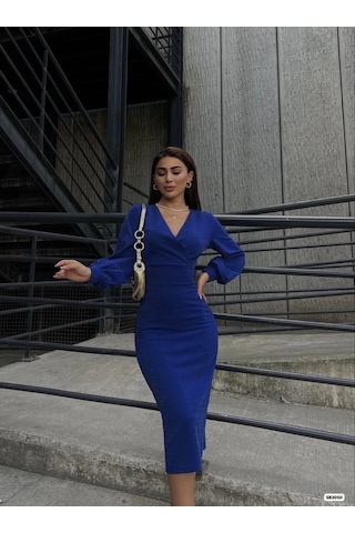 Kadın Kruvaze Yaka Balon Kol Simli Krep Kumaş Midi Boy Elbise Saks