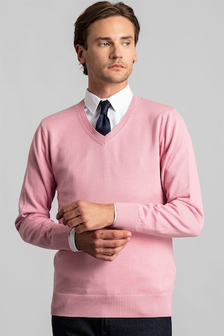 Tudors Slim Fit Dar Kesim V Yaka Pamuklu Erkek Kazak-22228 Pembe