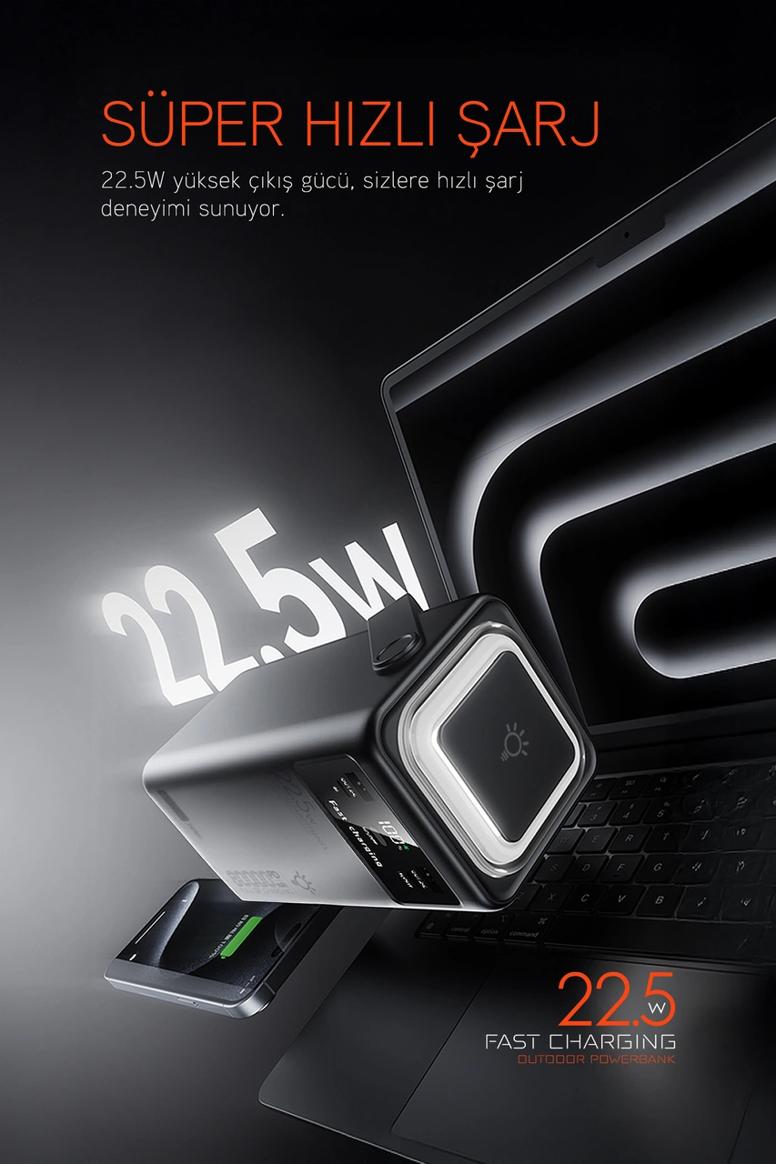 Powerway Pd80 Kamp Powerbank Gerçek 80.000 Mah Pd 22.5w Hızlı Şarj Led Fenerli Ve Dahili Kablolu Siyah