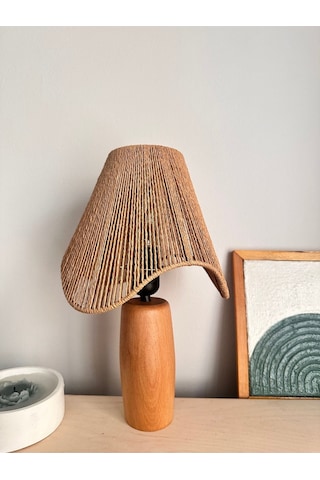 Hasır El Yapımı Bohem Asimetrik Şekilli Avize 2 Li Ahşap Ayaklı Rustik Abajur Set Kahverengi