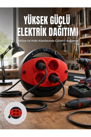 5 Metre Uzatma Kablolu 4 Prizli Makara Kırmızı - Lisinya 15 Metre