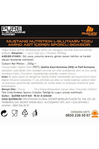 Mustang Nutrition Core+ Pure L-glutamine Powder 250 Gr Glutamin 50 Servis + Shaker + Protein Kahve Hediyeli Aromasız