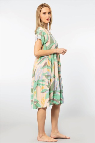 Türen 3602 Kadın Kısa Kollu Dokuma Kloş Elbise-yeşil Yeşil