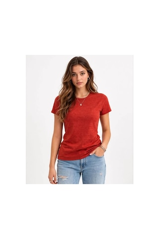 Butik İstanbul Flam Kumaş Melanj Dokulu Regular Fit Tişört Bisiklet Yaka Yazlık T-shirt - Kiremit