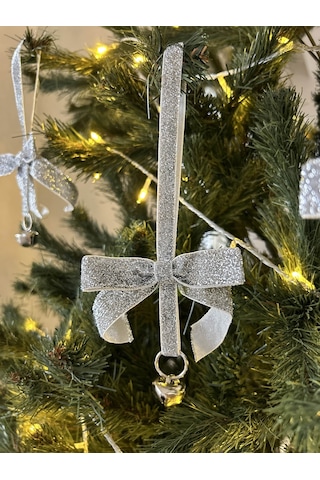 Yılbaşı Simli Gümüş Kadife Kurdeleli Zilli Zincir Lüks Noel Çam Ağacı Süsü 5 Adet-ykdf22