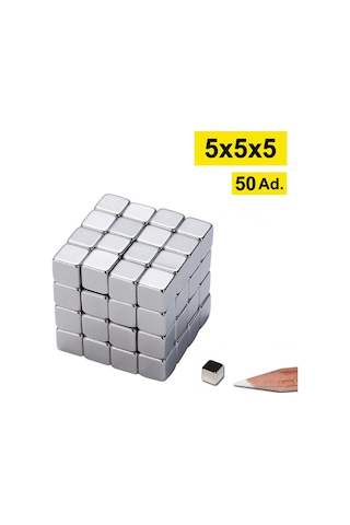 50 Adet - Küp Neodyum Mıknatıs, 5x5x5 Mm, Güçlü Magnet, N35 Kalite