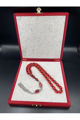 925 Ayar Gümüş Püsküllü Ateş Kehribar Tespih 11x8 Mm