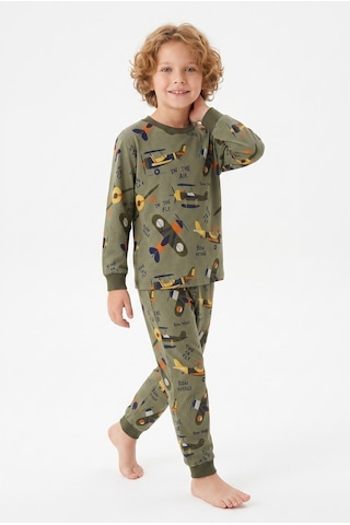 Bunny Hopp Vintage Uçak Desenli %100 Pamuk Süprem Penye Kumaş Uzun Kollu Erkek Çocuk Pijama Takımı Yeşil
