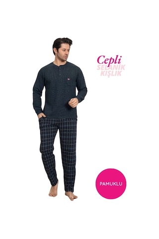 Erkek 3 Düğme Göğüs Cepli Kışlık Pamuklu Selanik Kumaş Uzun Manşetli Kol Cepli Pijama Takımı Petrol Mavi