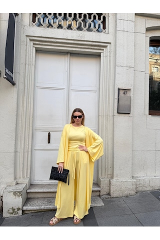 Bonacosa Kadın Viskon 3 Lü Takım Kimono + Beli Lastikli Salaş Pantolon + Kısa Kol Tshirt 8 Renk Sarı
