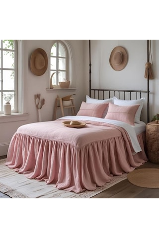 Rustik Şık Keten Fırfırlı - Yumuşak Pembe Yatak Eteği - 160 X 200 Pembe